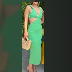 Topshop Green Cutout Midi Dress Knot Front Bodycon Size